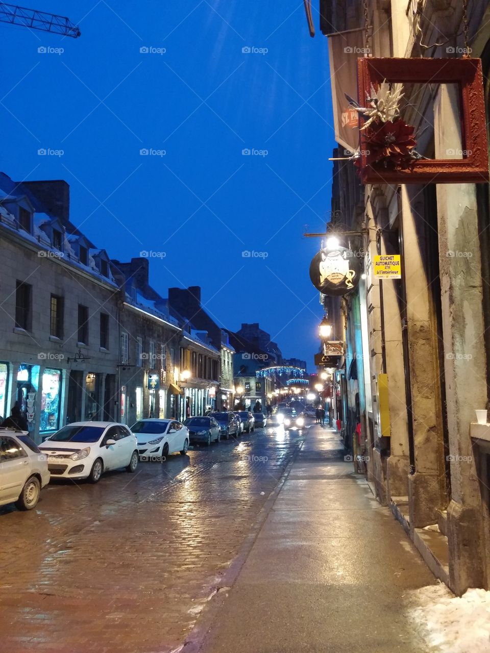 Old Montreal. Narrow European looking Canadian streets with French atmosphere in the air