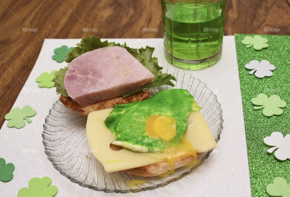 Sandwich, Green Eggs and Ham with lettuce and Swiss cheese.