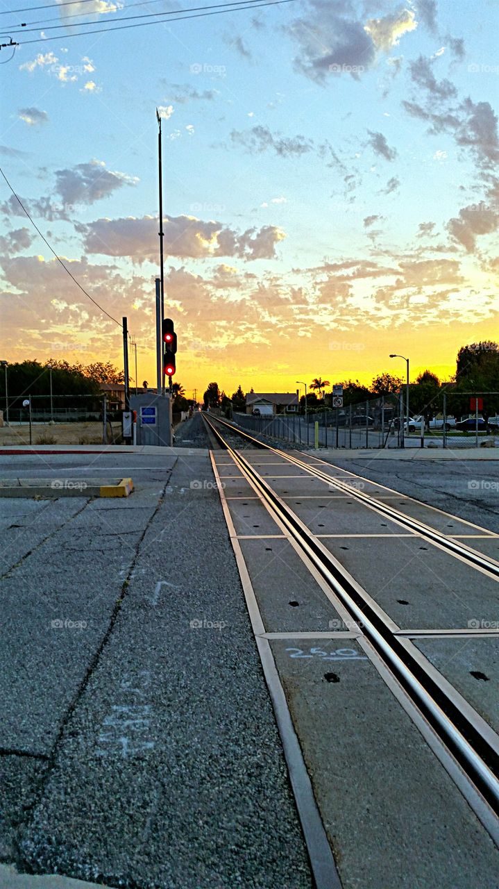 Railroad tracks at sunset. Railroad Tracks heading West into the sunset.