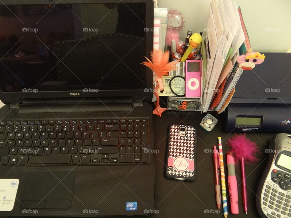 Feminine Desk Top. young woman's desk, view from above
