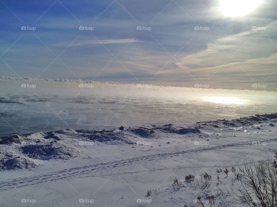 Steam rising off Lake Michigan