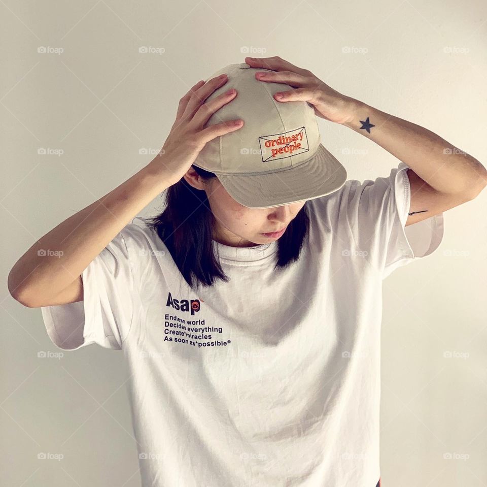 White on white Korean street wear style on ladies 