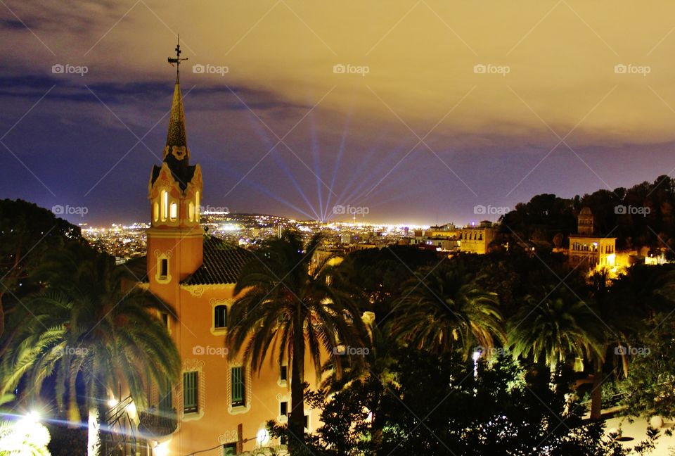 the night when they celebrate light festival. taken from a hill in the city. buildings is the famous Gaudi design