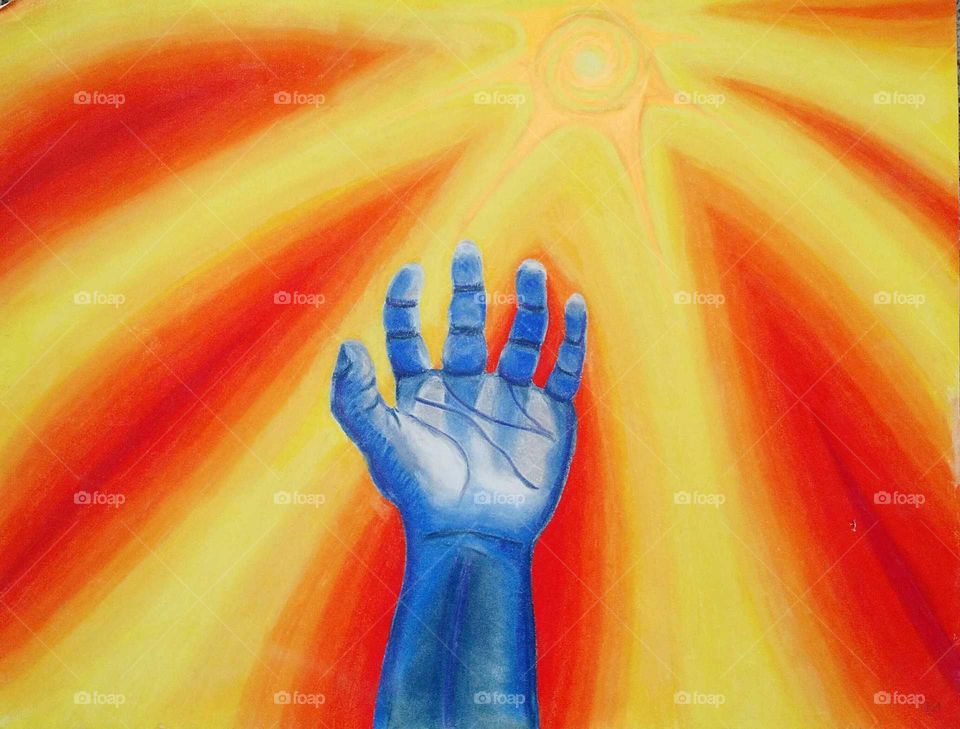 pastel drawing: mood art of blue hand and the sun