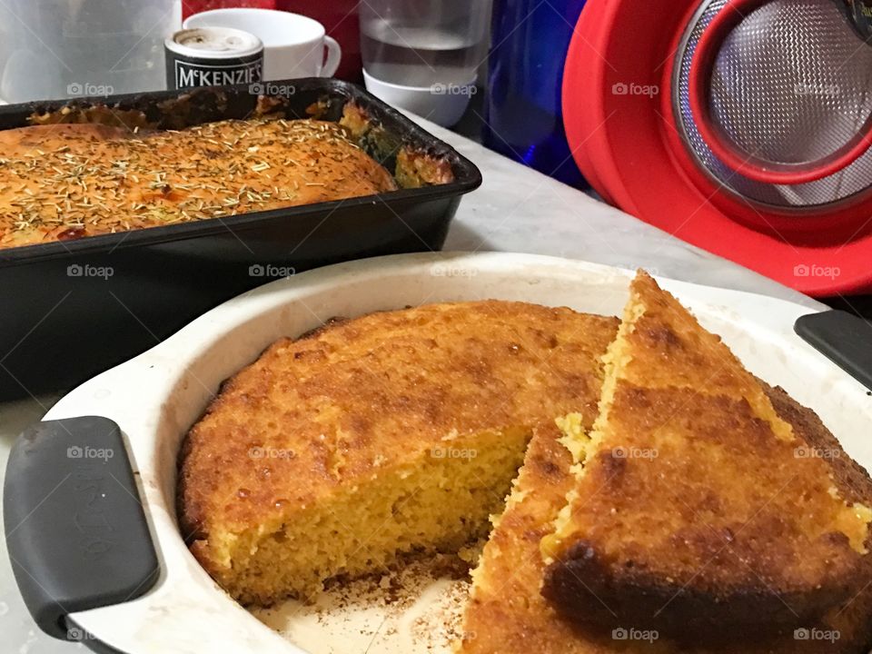 Cornbread flourless in round pan closeup homemade