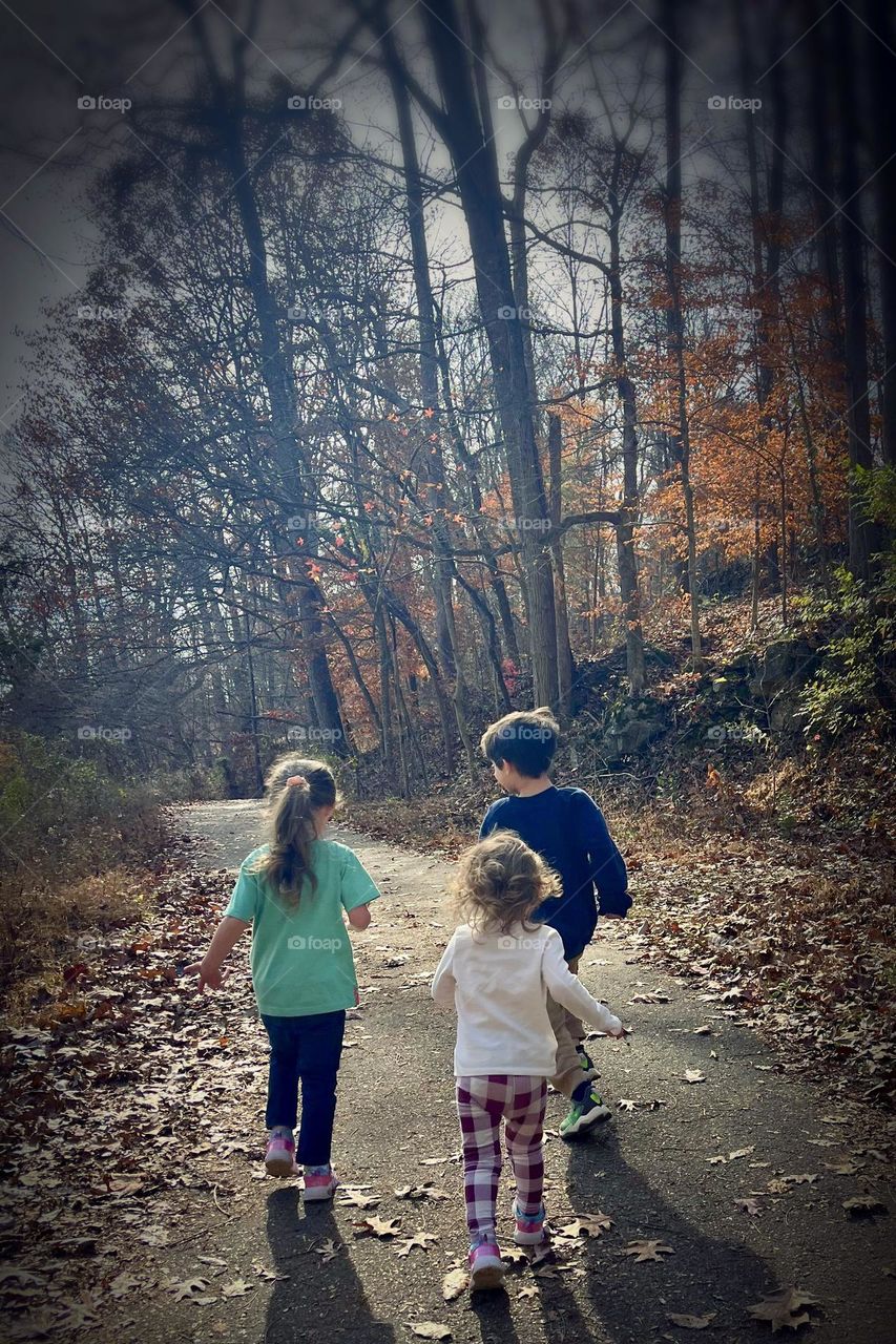 Three children run through Fall foliage on a trail at Dunbar Cave State Park during the month of October