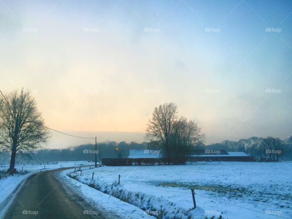 Snow landscape sunset 