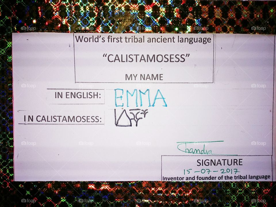 the famous name "EMMA" is written in the world's first tribal ancient language in the "CALISTAMOSESS".