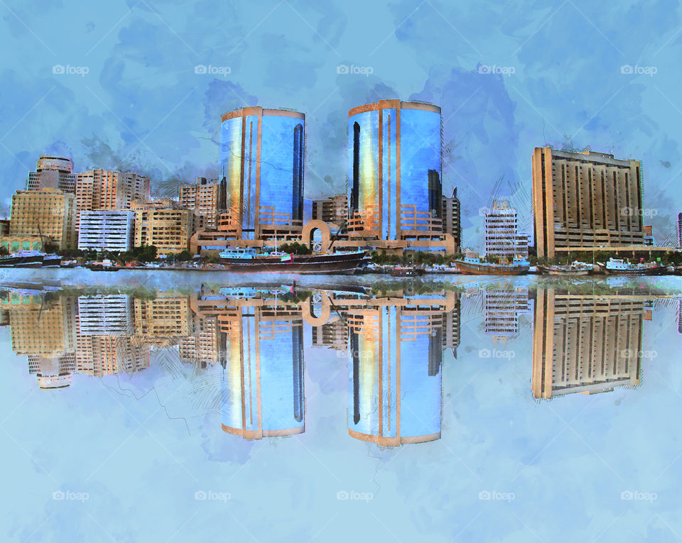 Dubai twin towers digital water color painting