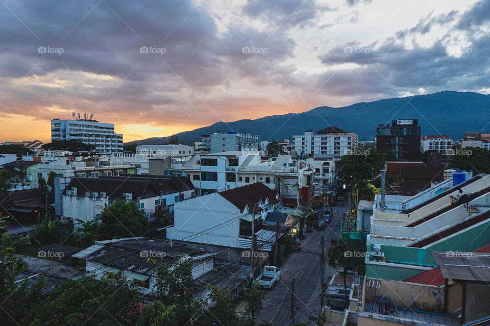 Sunset view over Nimman neighborhood of Chiang Mai, Thailand 