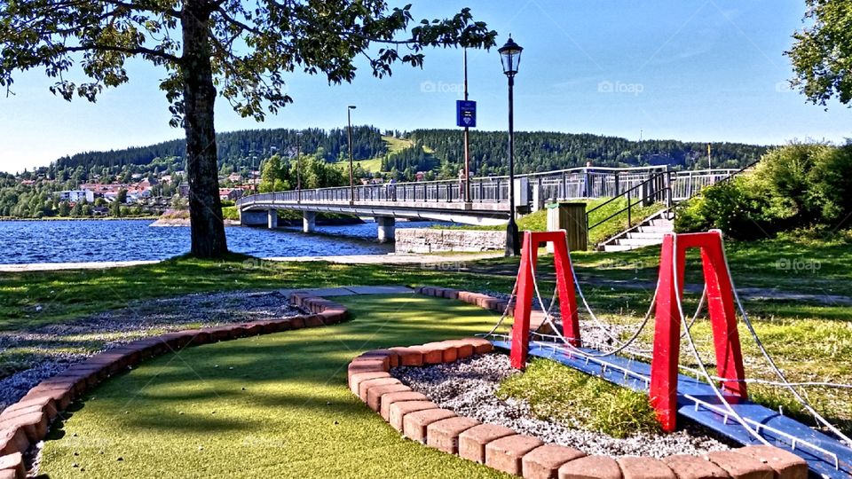 Adventure mini golf court!. Adventure mini golf court, over a bridge.