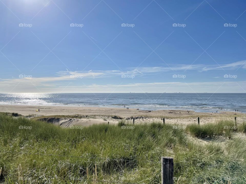 Endless Dutch beach at Meyendael, The Netherlands with green grass and blue sky