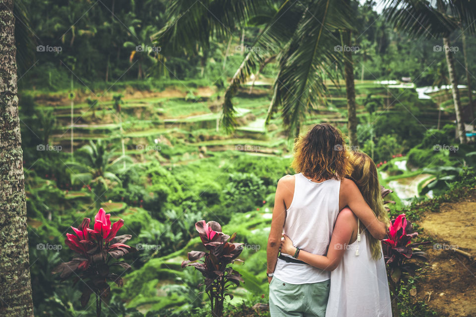 Tourists in Bali. Rice terraces.