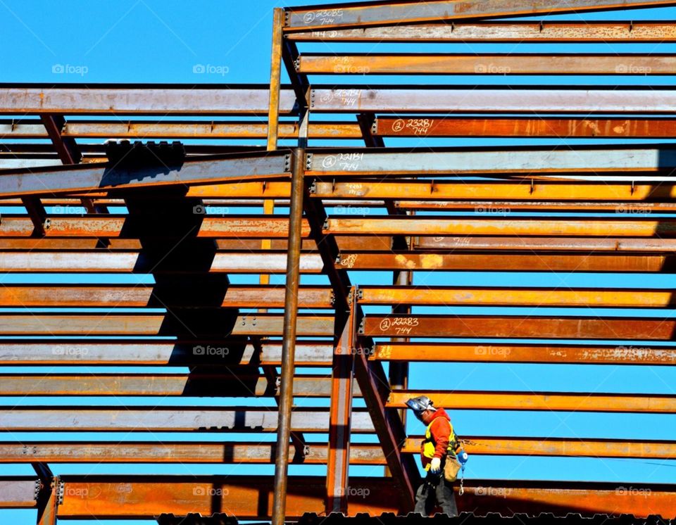 Building construction with colorful beams