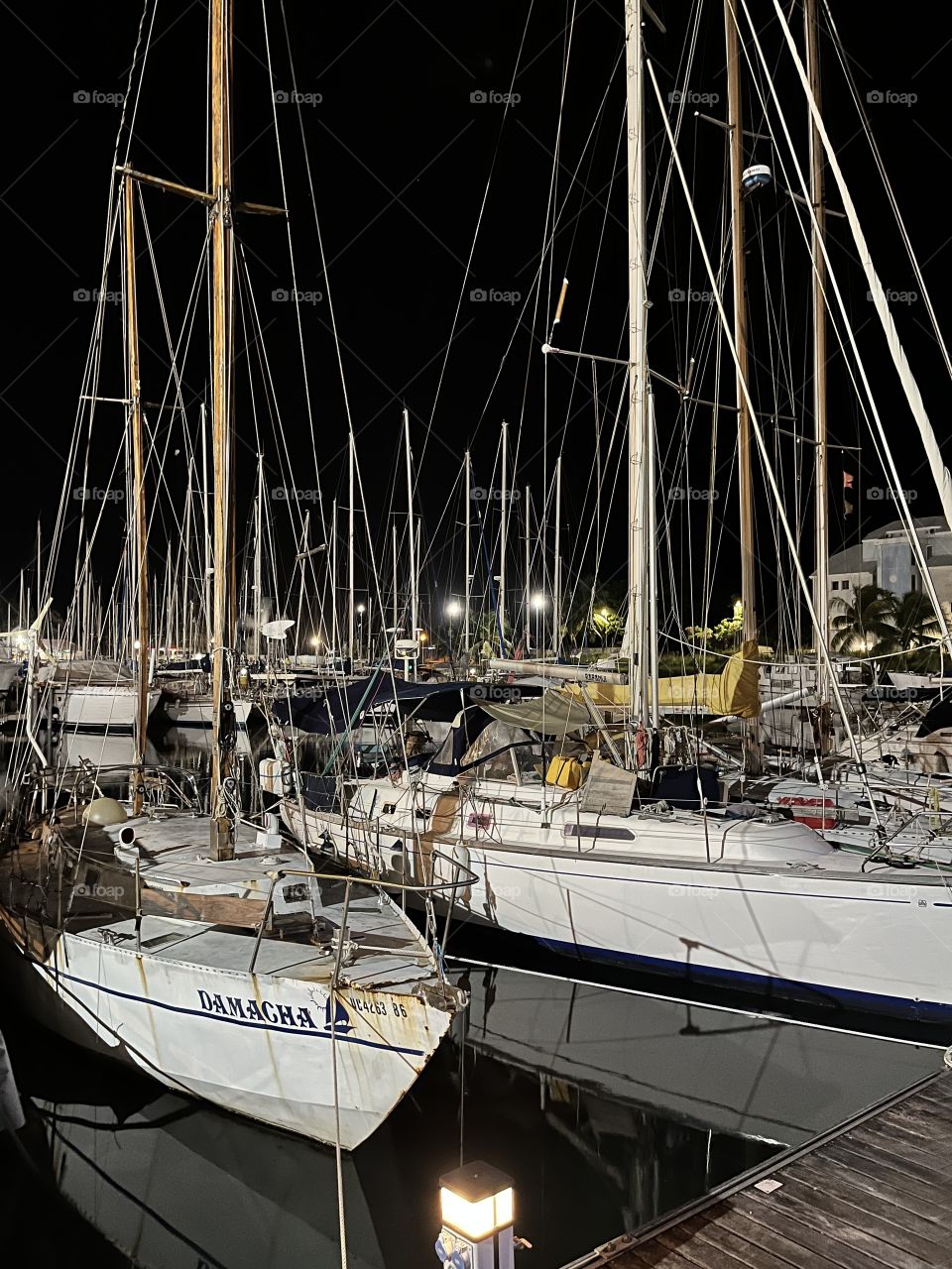 Night view of boats in a Caribbean marina