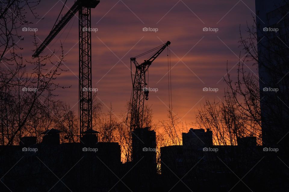 night street view beautiful colour sunset 🌇 and cranes building