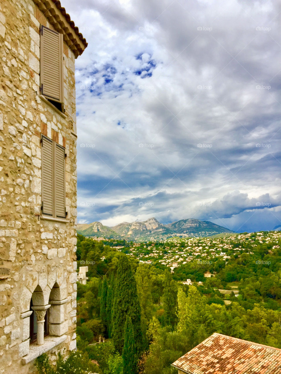 Panorama view from French hilltop village with stone walls