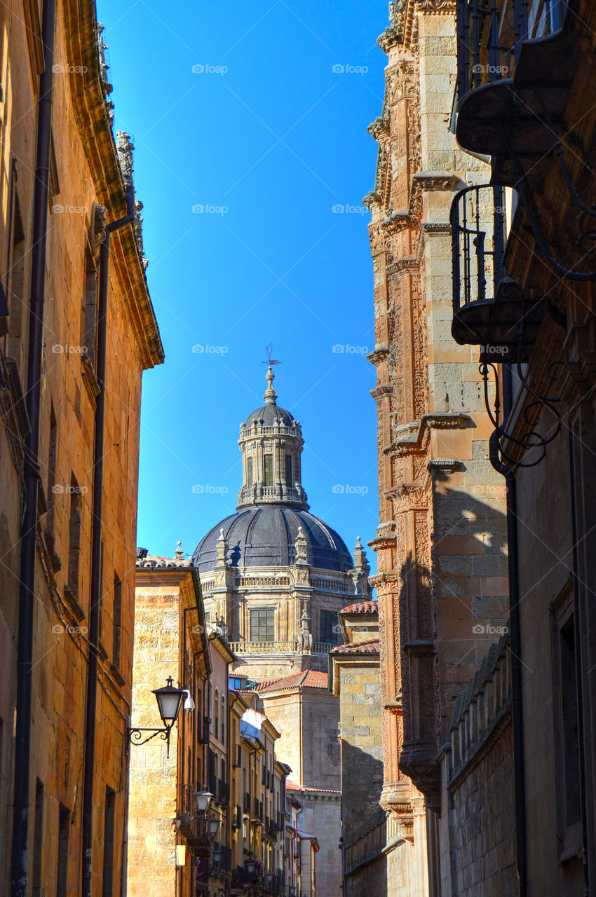 Street view of the building of the Pontifical University of Salamanca, Spain.