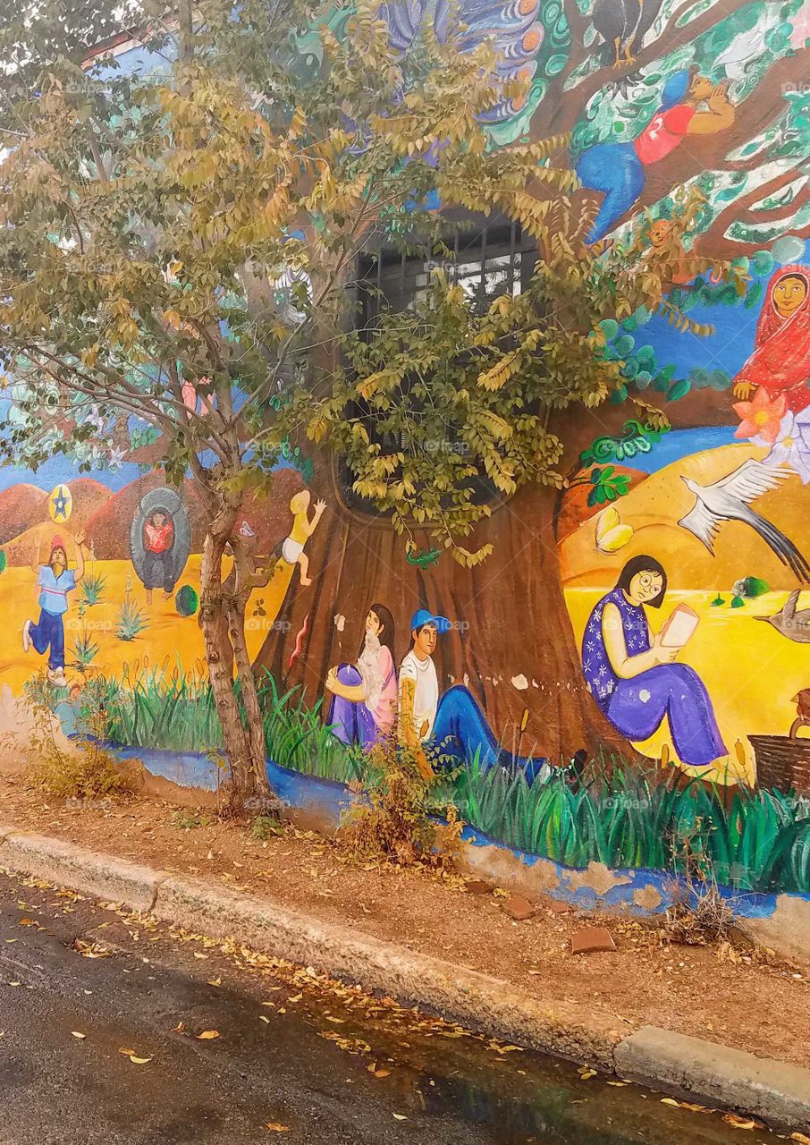 A wall mural taken on a rainy November day in Santa Fe, New Mexico