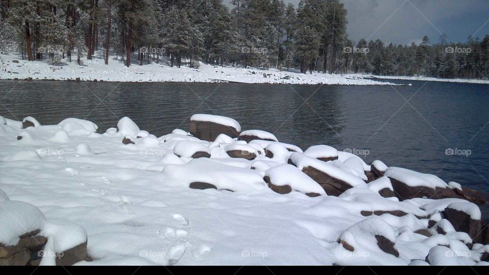 Woods Canyon Lake in Arizona covered in snow
