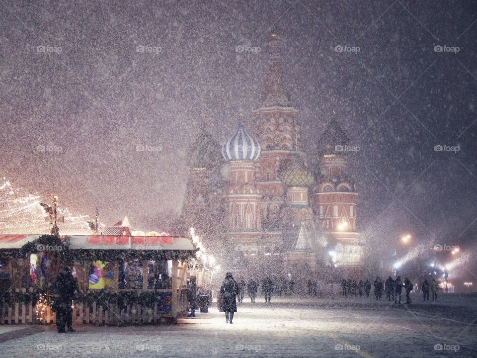 Snowfall on Red square in Moscow 