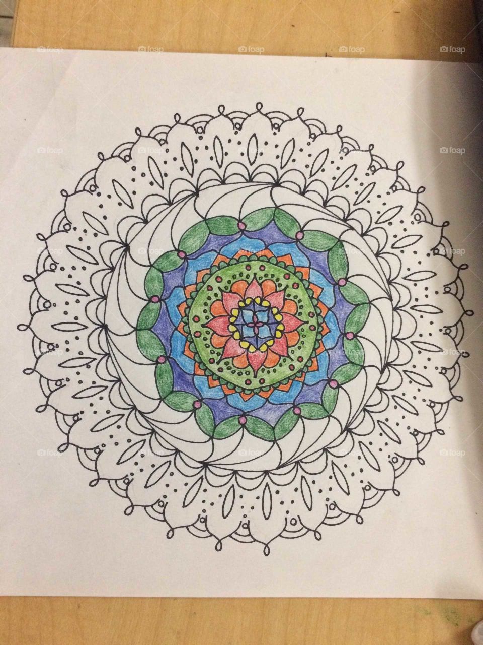 hand drawn mandala, partly colored
