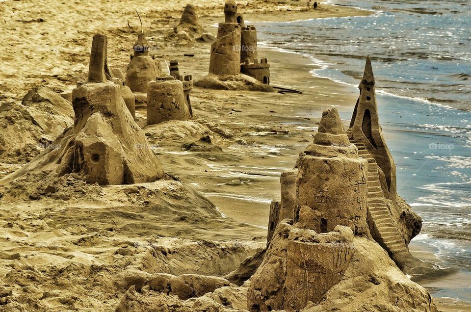 Beautiful sand castles on a beach
