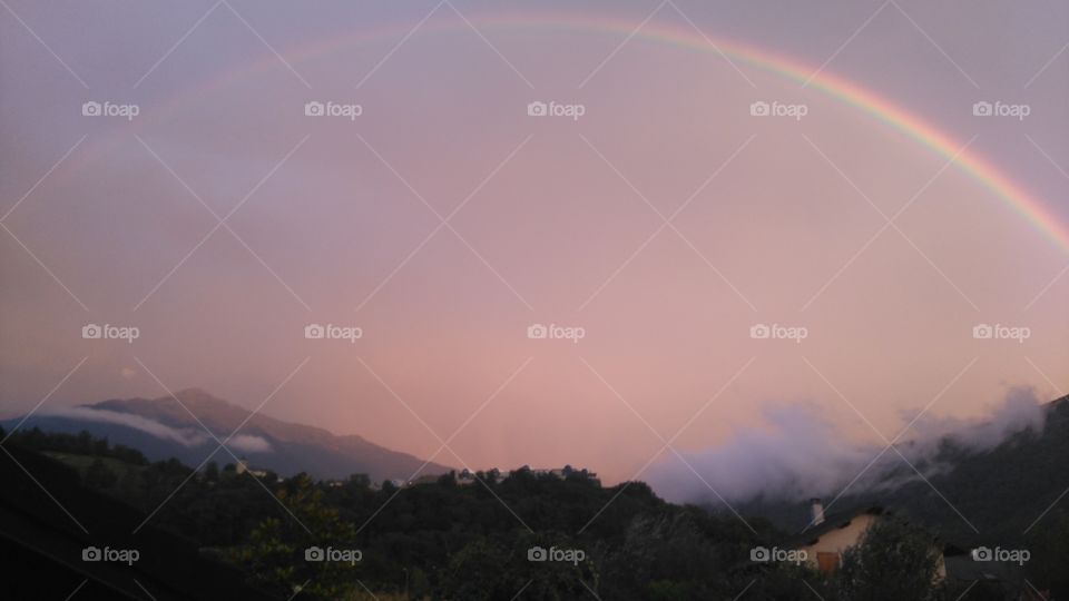 Landscape, Mountain, Rainbow, Fog, Sunset