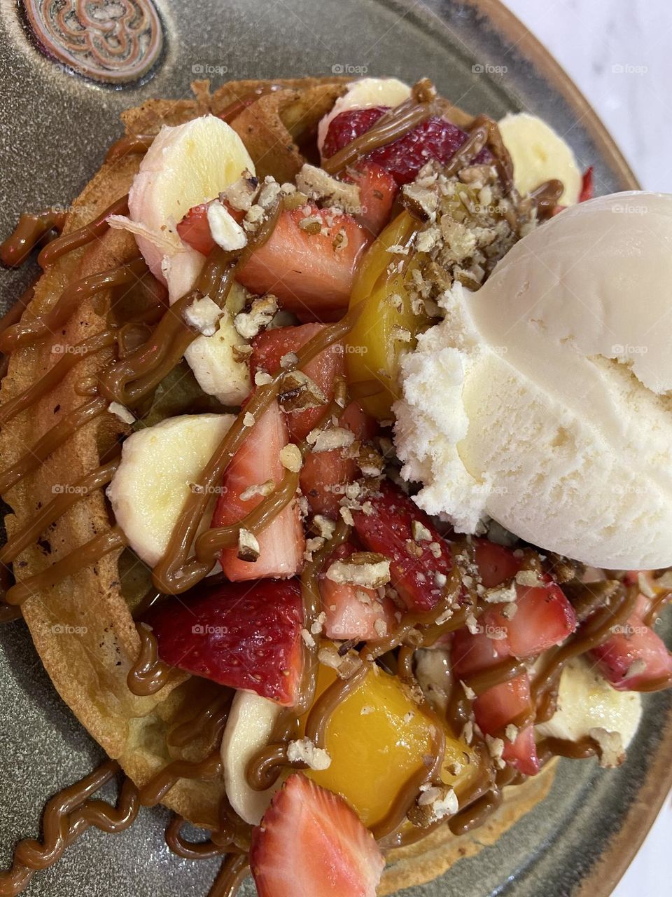 Waffles with Ice cream and fruits 
