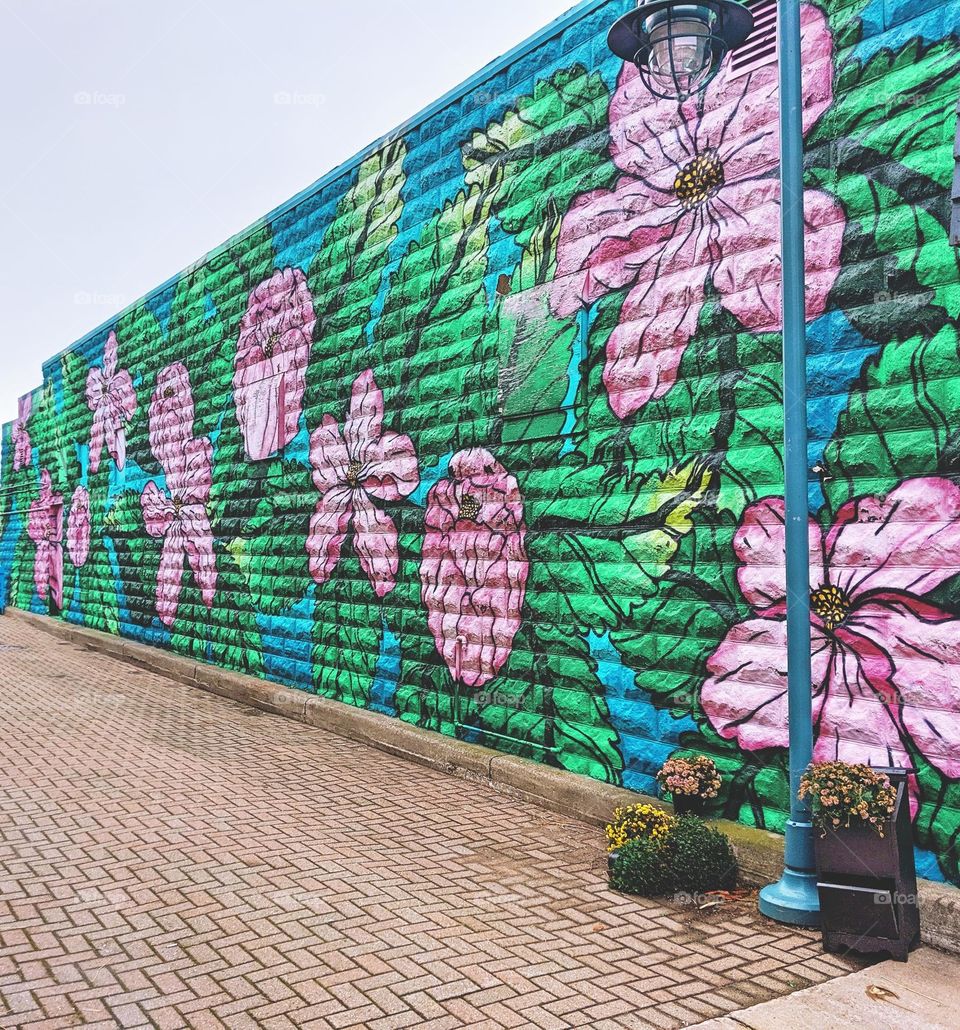 pink flower street art wall