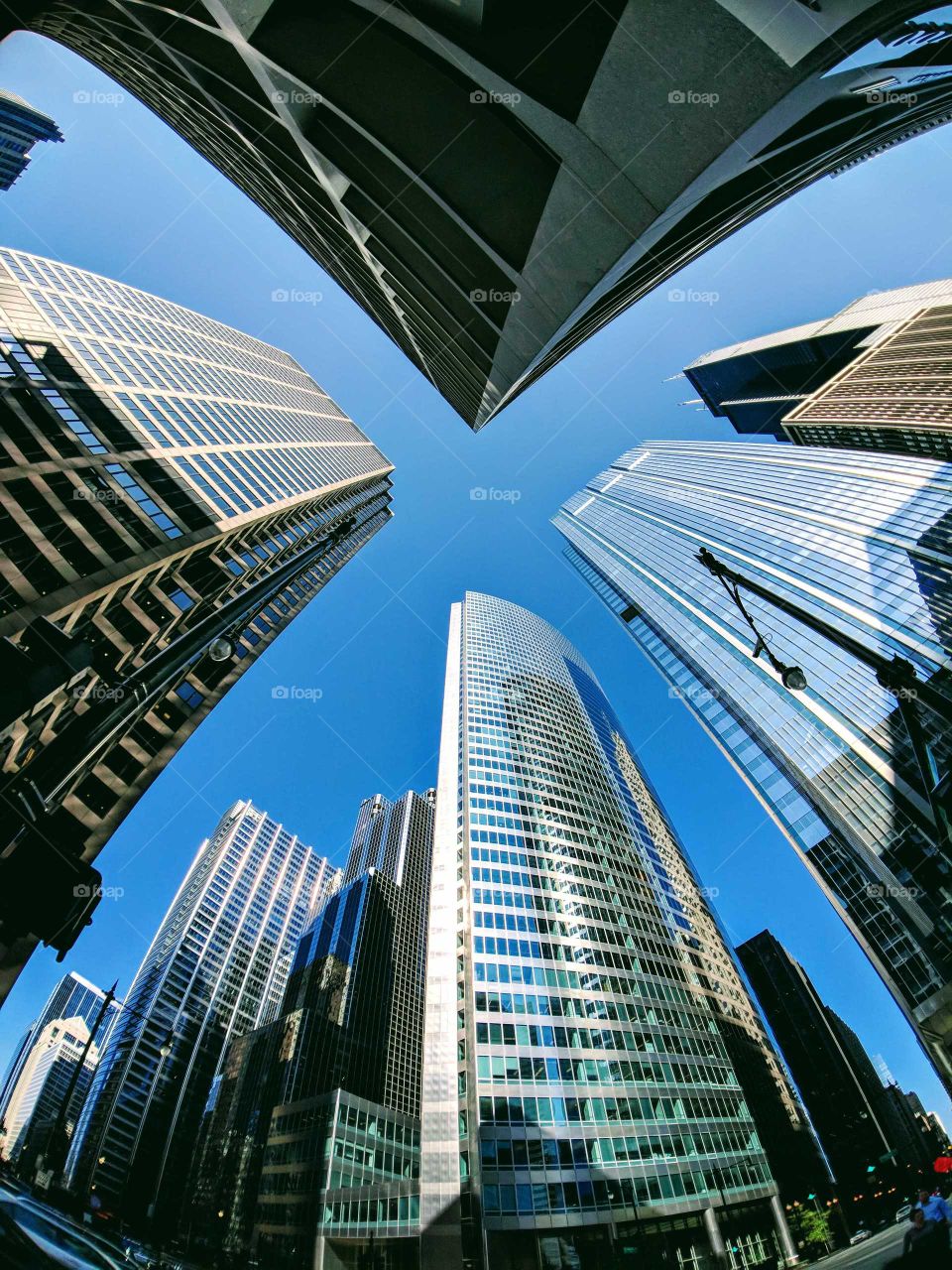 Fisheye shot of skyscrapers in downtown Chicago