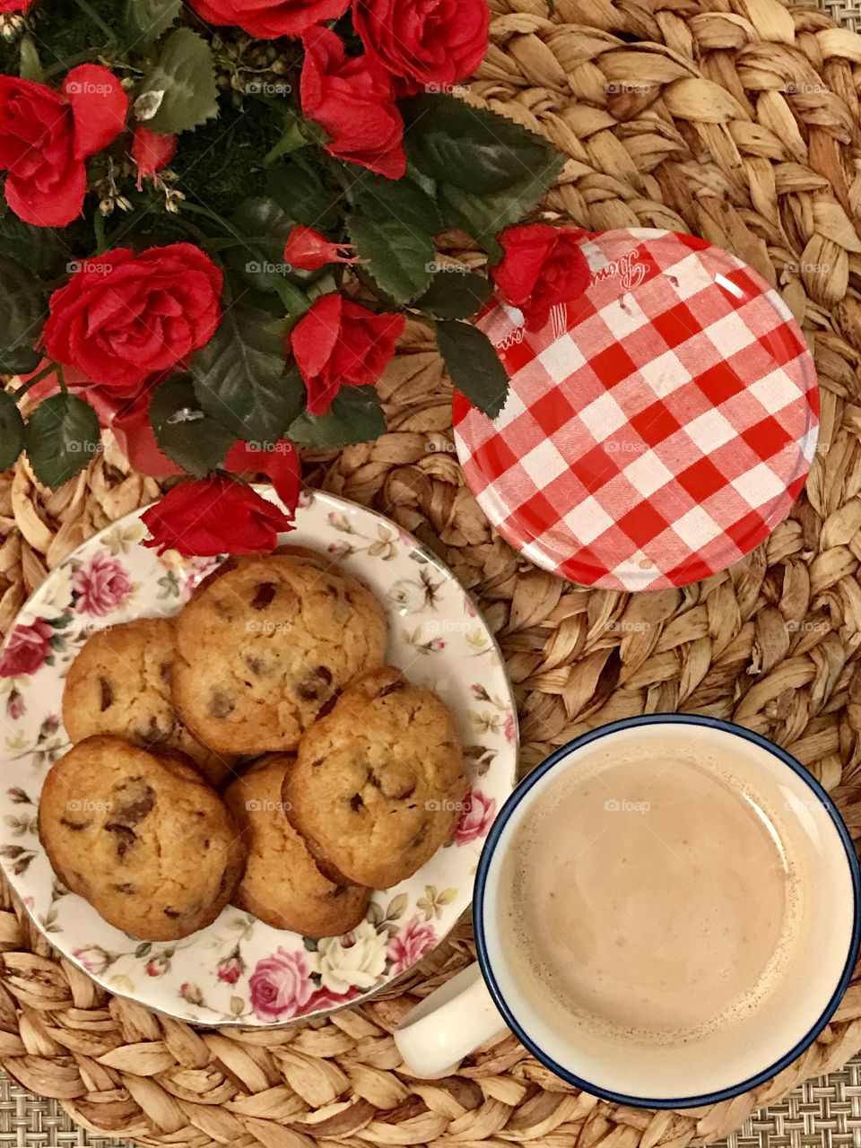 Evening snacks on table, cookies and coffee