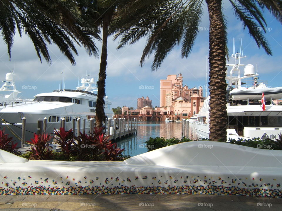 Looking at the Atlantis resort in Bahamas through the harbour. 