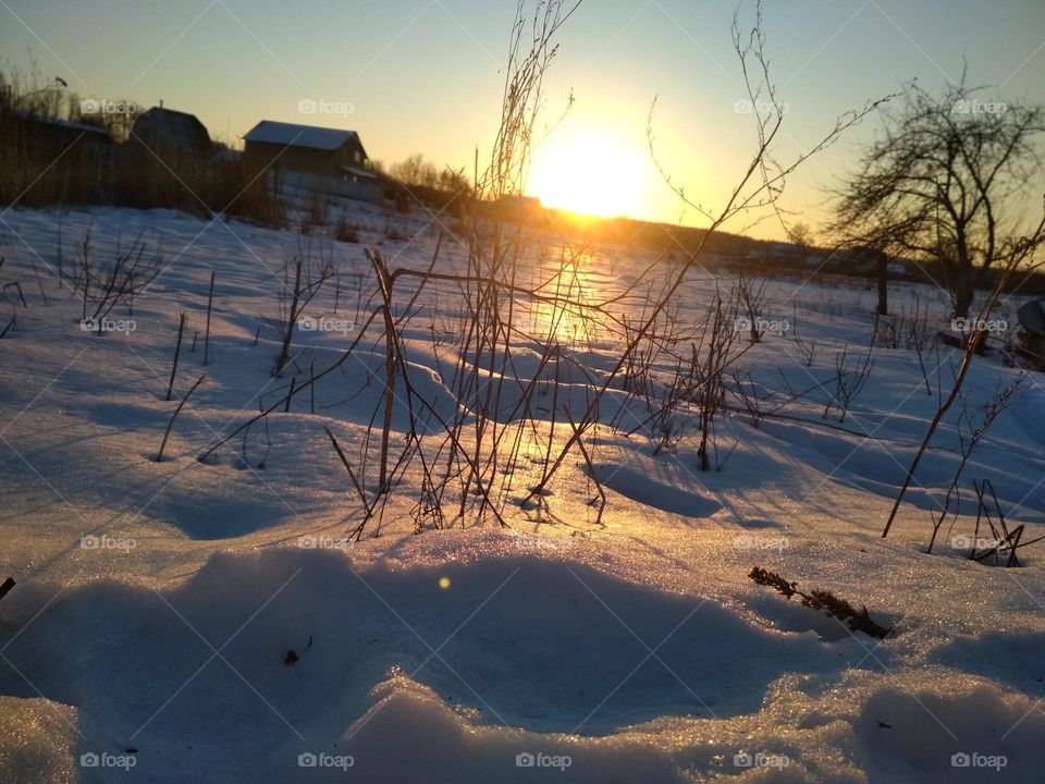 photo of snowy landskape at sunset. Snow reflects sunlight. Photo is in warm photos