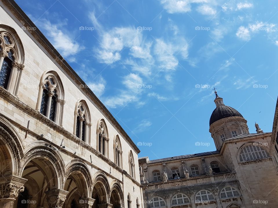 Old architectural building and church in Dubrovnik, Croatia, Europe, with windows and pillars