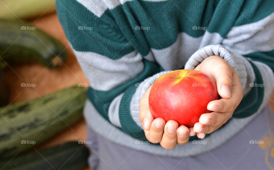 red apple in the hand child autumn harvest