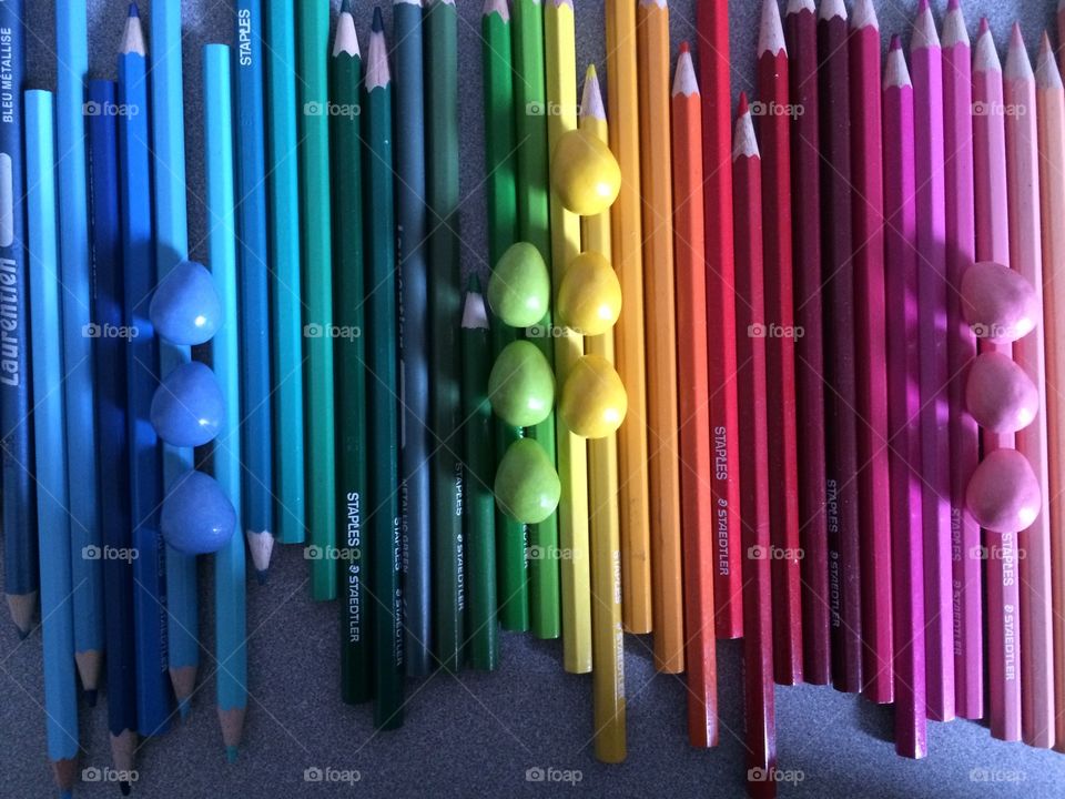 Coloured pencils and Easter eggs