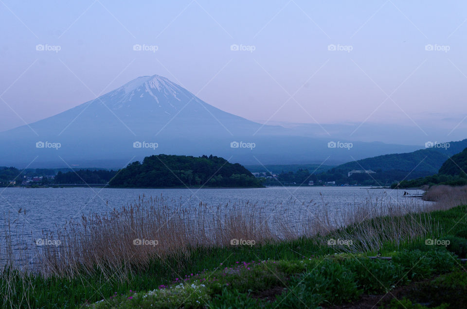 Mount Fuji, Fuji-san,  just after sunset, from lake Kawaguchiko, Yamanashi prefecture
