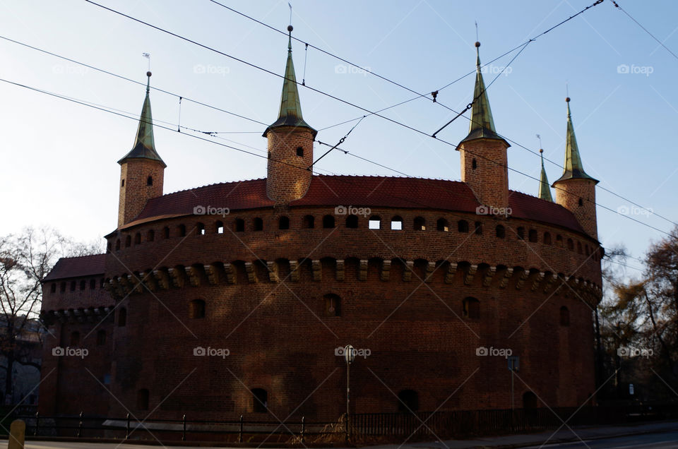 Exterior of the Kraków Barbican, a late 15th-century fortified gateway in Kraków, Poland.