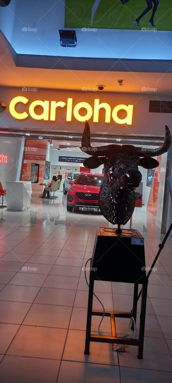 Majestic bull head art work displayed on front of a car shop within a shopping mall