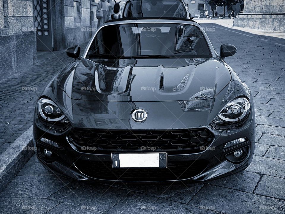 Cars.  Fiat 124. Black and white photo.