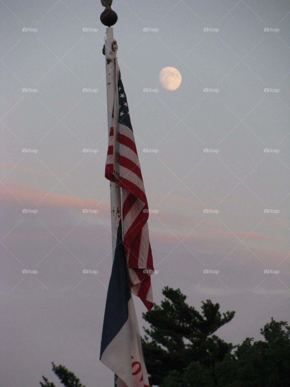 American flag with the Moon