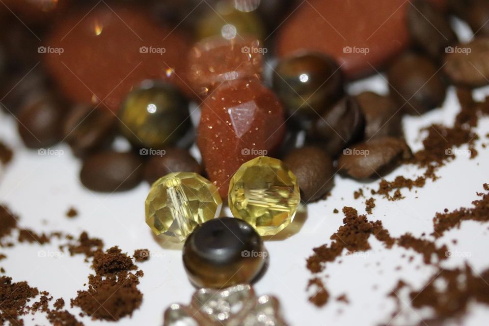 Semi-precious stones and coffee beans