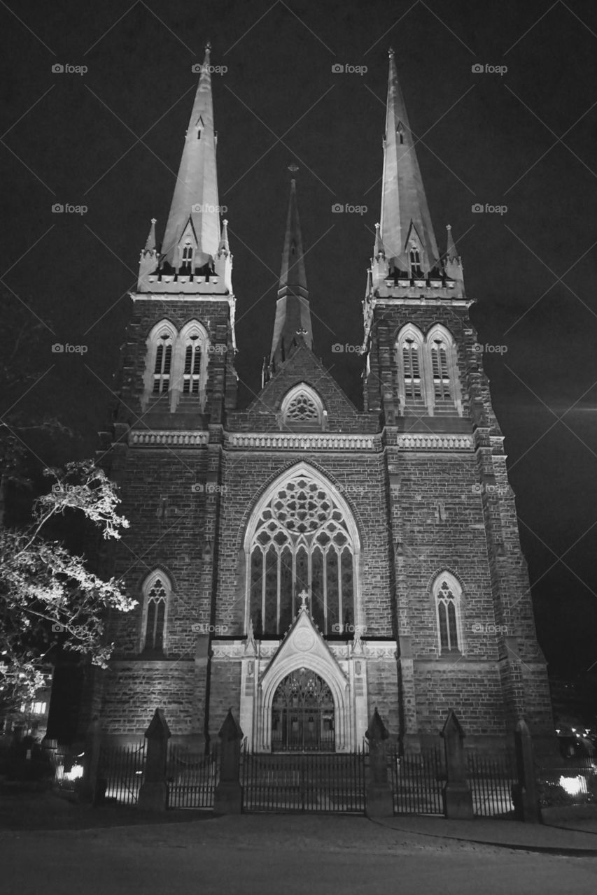 St. Patrick's Cathederal. St. Patrick's Cathederal by night with spires. 