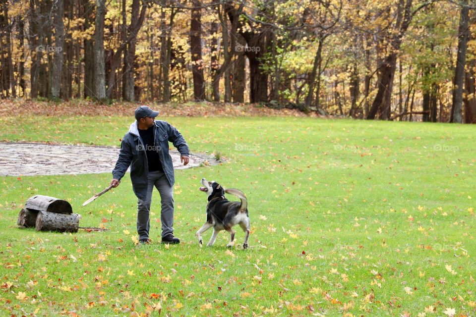Man playing with dog
