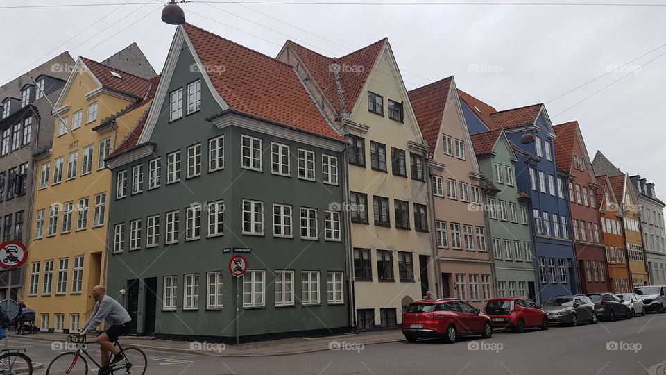 Colorful facades on a street in Copenhagen, Denmark.