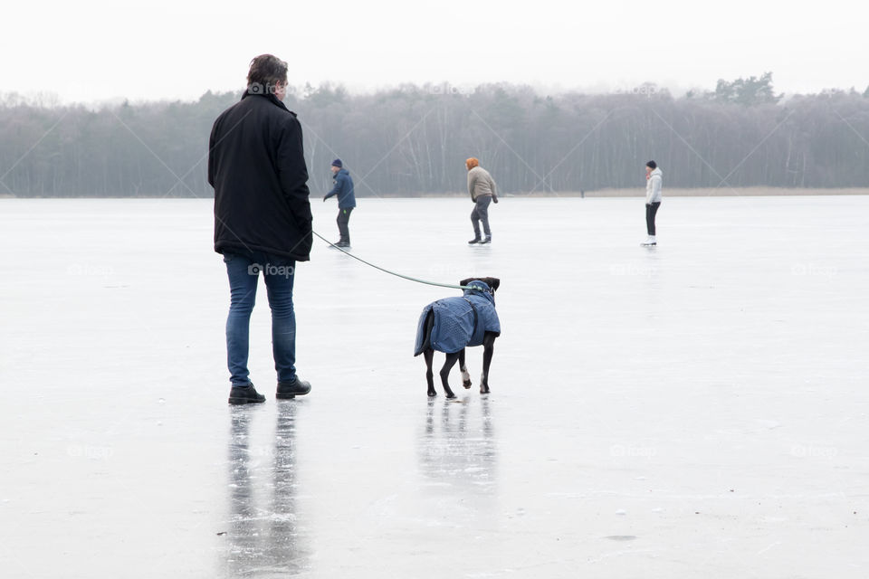 Enjoying the frozen lake . Walking the dog and watching ice skaters 