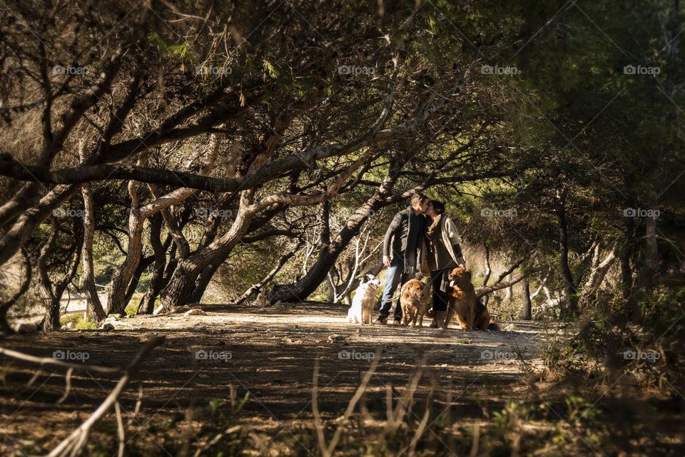 couple with their dogs under the trees on the beach of tarragona seen from the ground