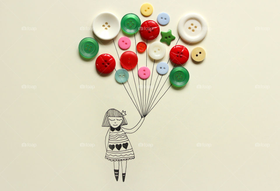 An illustration of a girl holding balloons of colorful buttons, art and craft background