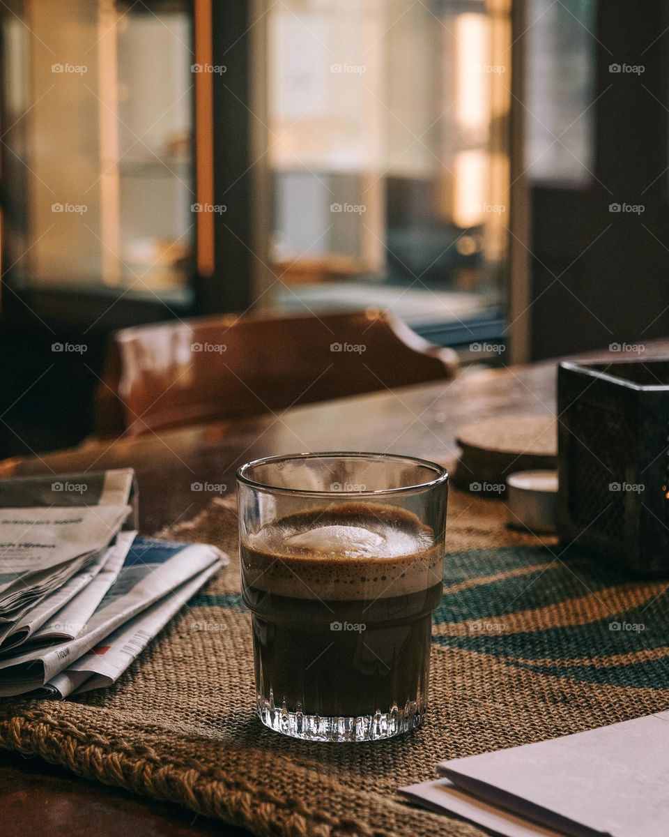 Coffee on the table in a cosy café